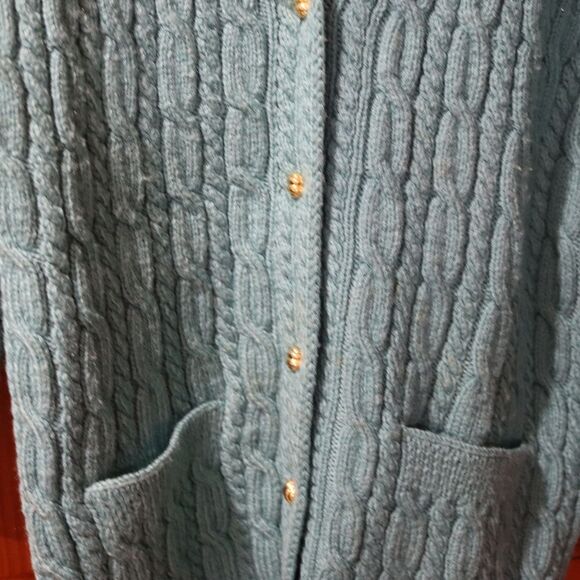 Vintage Heavy Cable Knit Chunky Gold-Button Cardigan Sweater Large Wool Blend - Picture 6 of 12